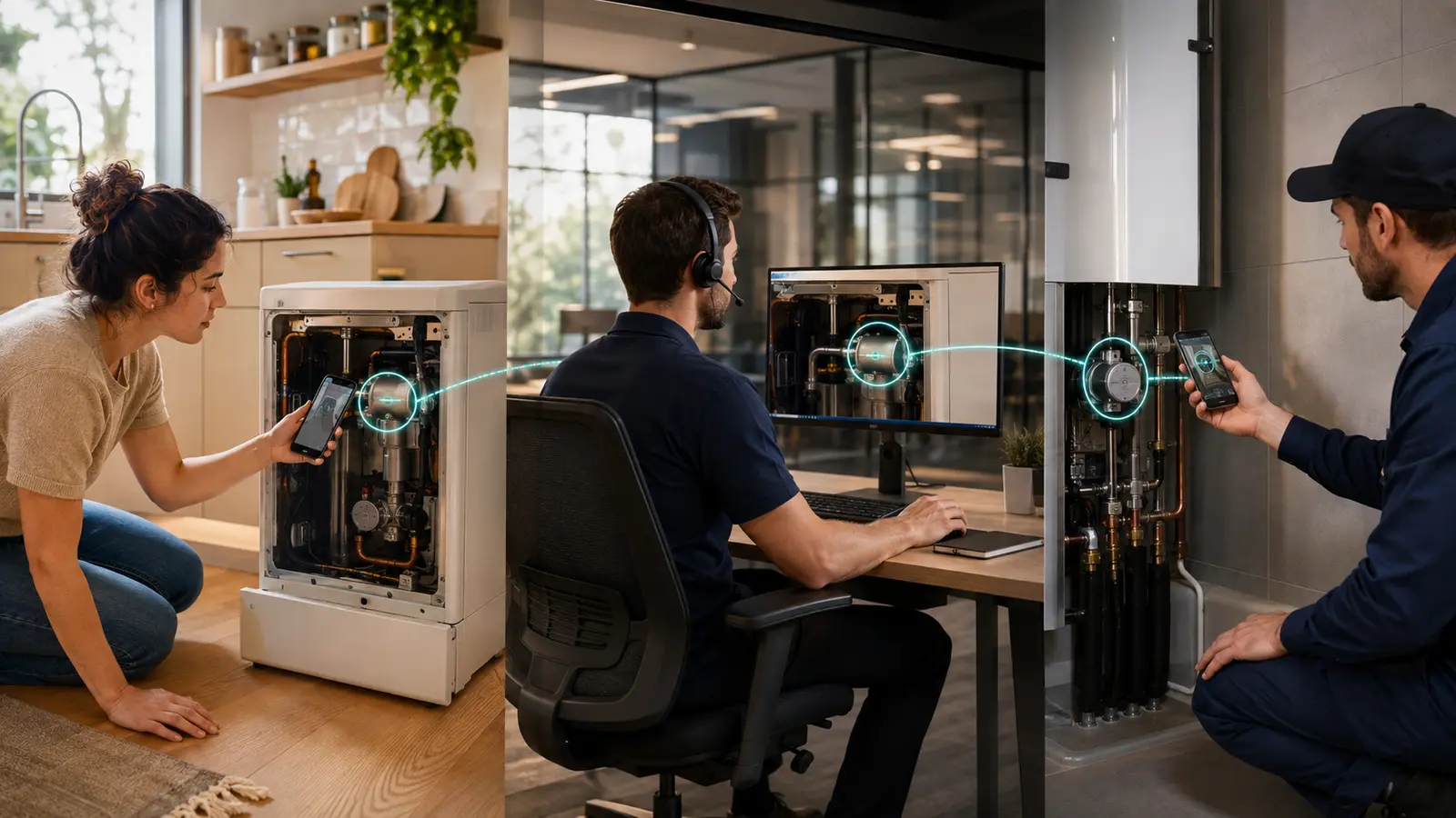Illustration of a customer, support specialist and technician connected through visual service