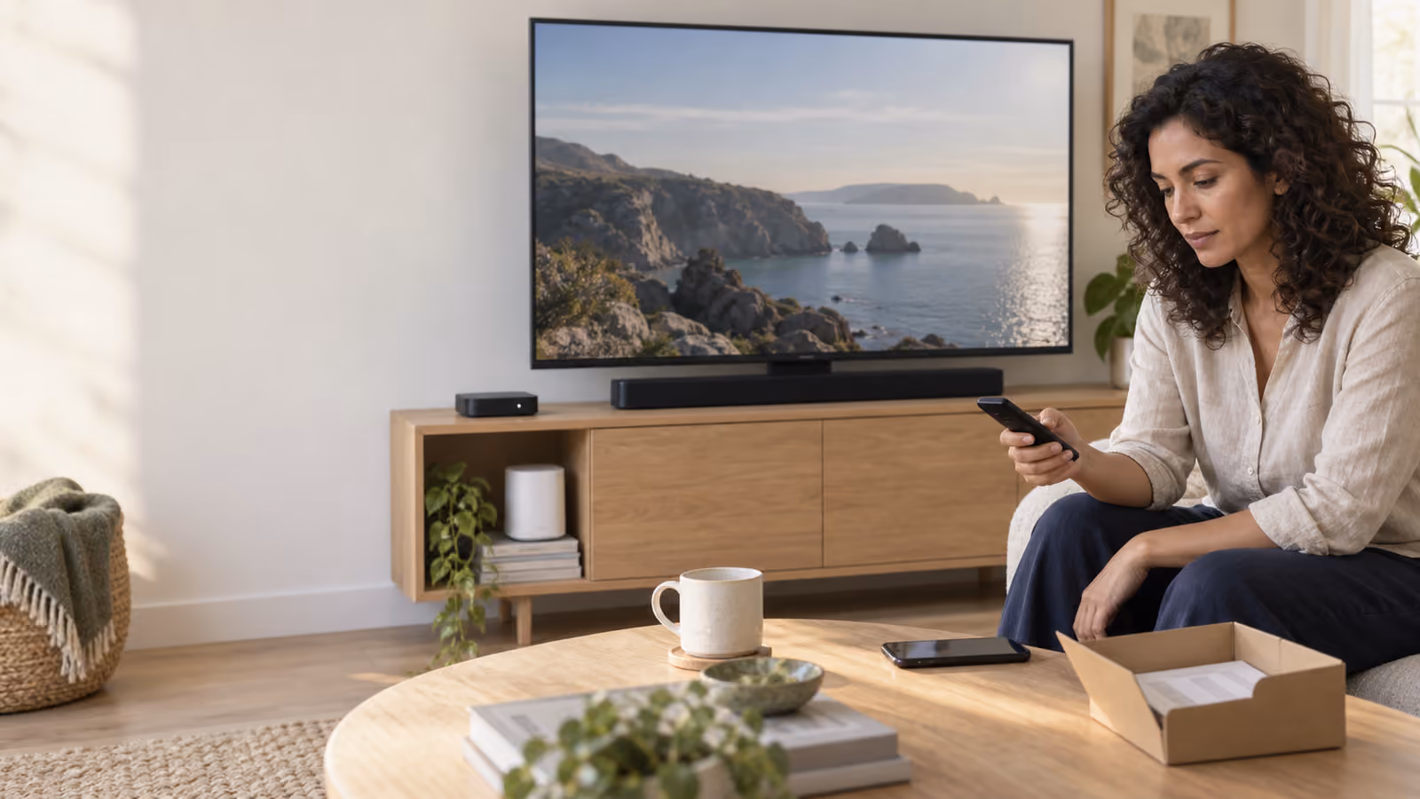 A customer with her new TV service equipment and remote.