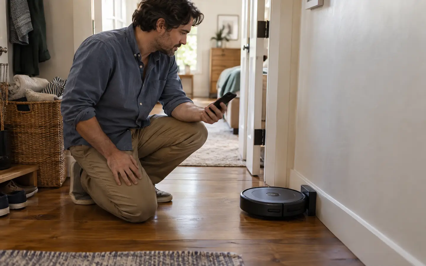 A customer shares the robot vacuum and its dock from the hallway floor.