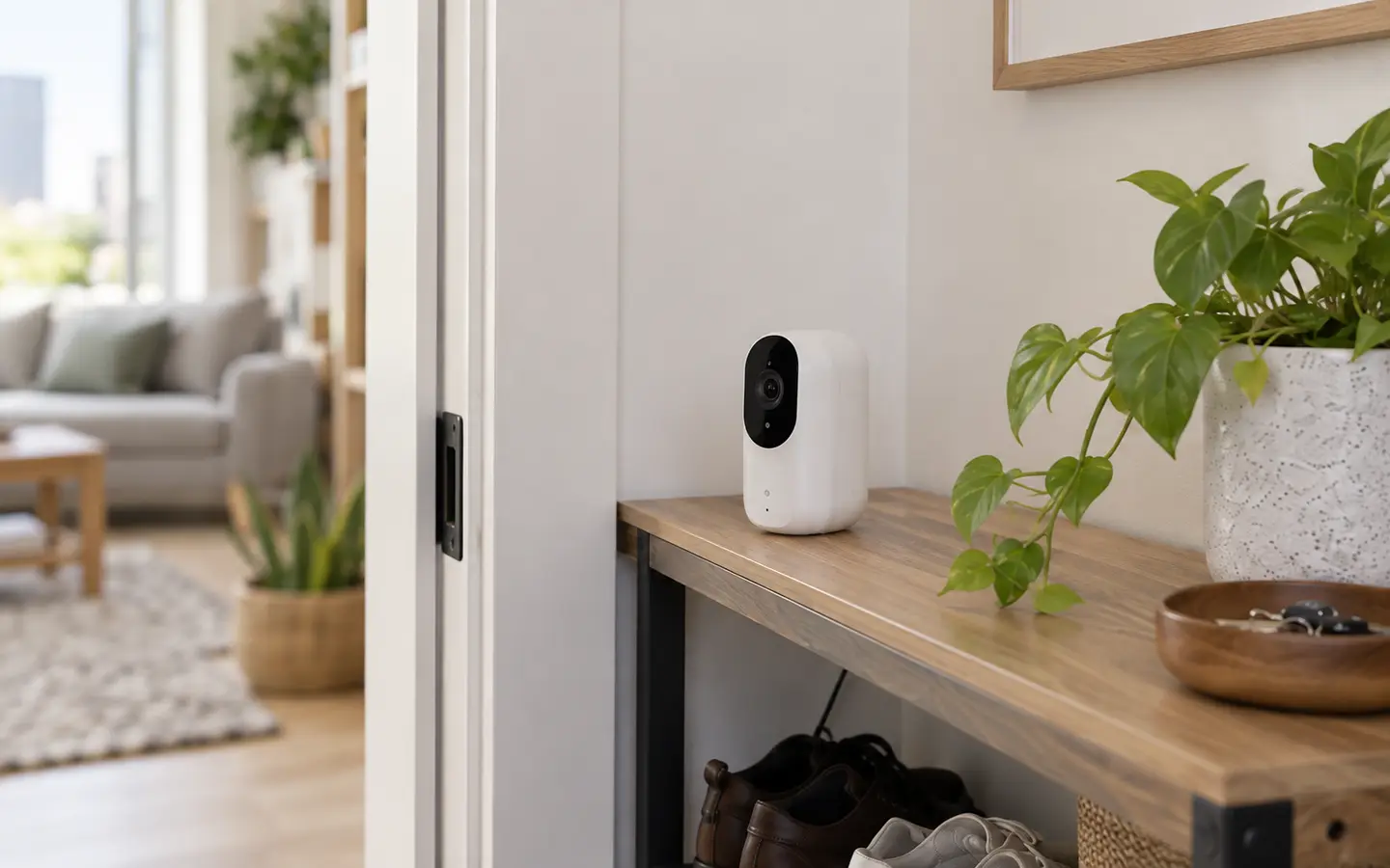 The entry camera, shelf and doorway are visible together.