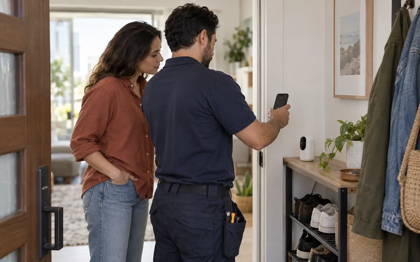 A homeowner reviews a battery-powered entry camera with support.