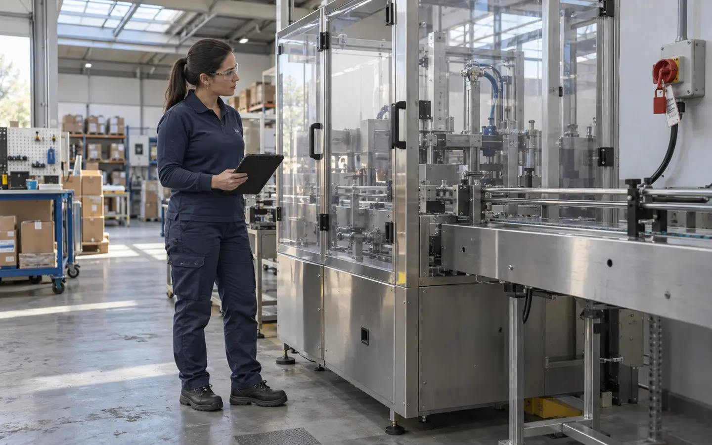 A qualified technician reviews safely isolated packaging equipment.