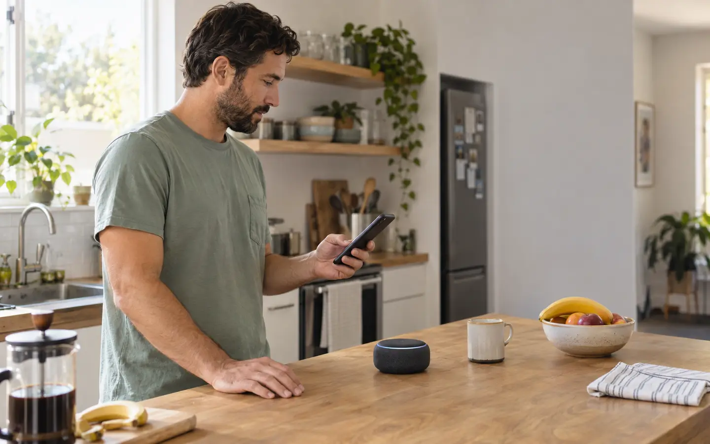 A customer sets up a connected speaker in a lived-in kitchen.