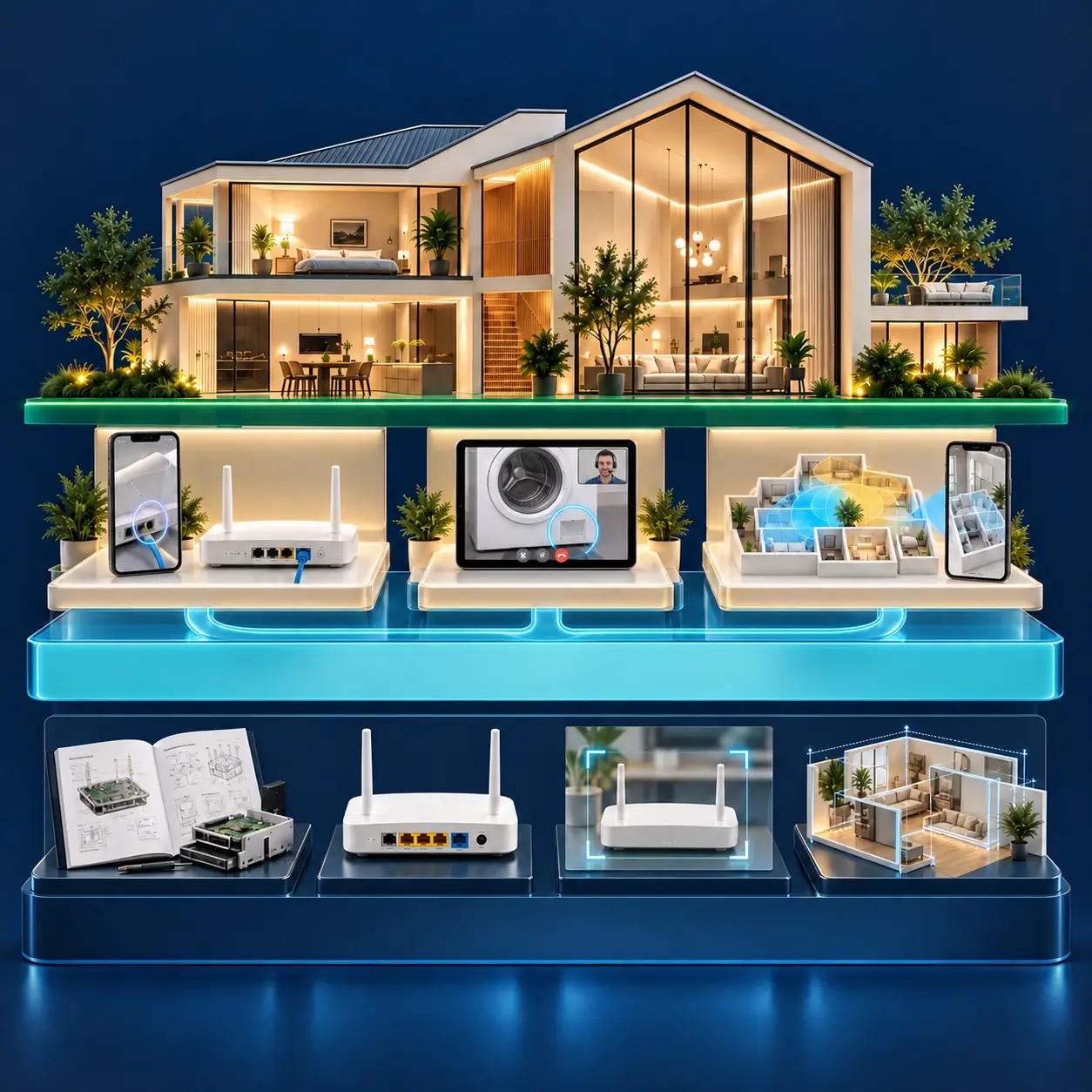 Warm architectural cutaway of a connected home