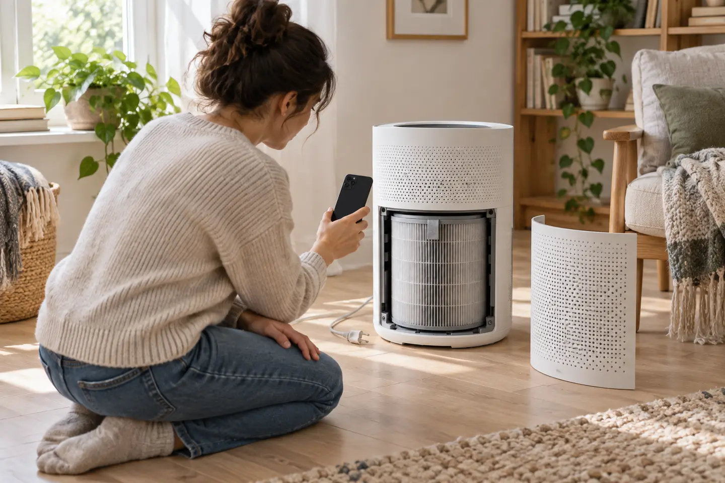 Illustrative scene: a customer checks the open filter compartment of an air purifier at home.