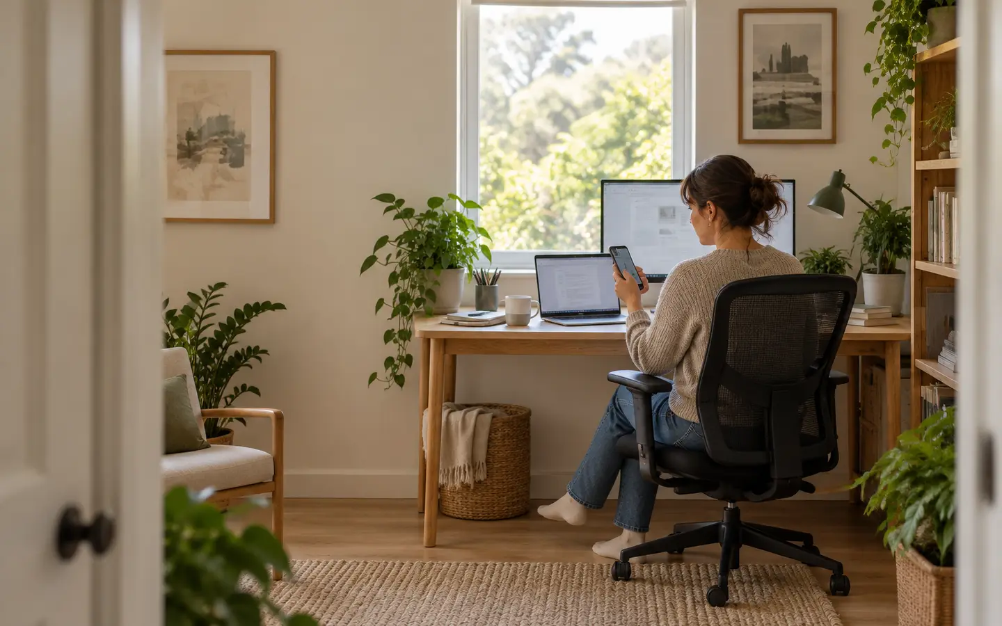The customer pauses work at the far-room desk where she reports connection interruptions.