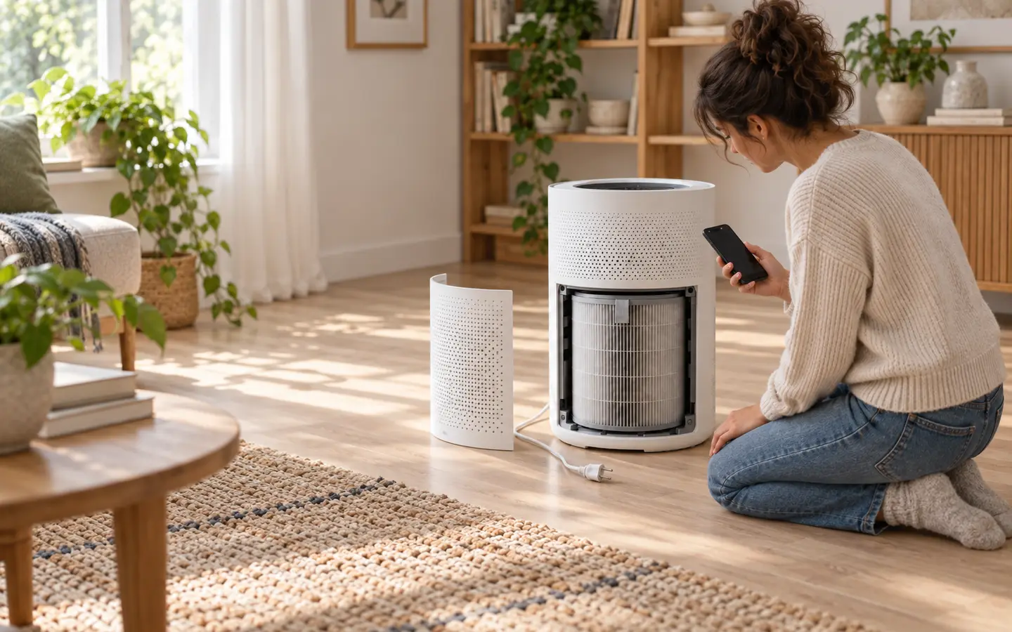 A customer compares the open, unplugged purifier with guidance on her phone before replacing the filter.