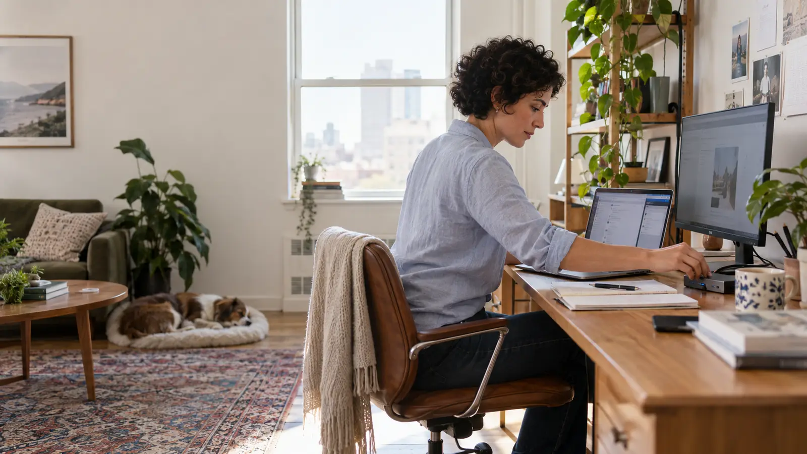 A person checking a laptop and monitor setup at home.