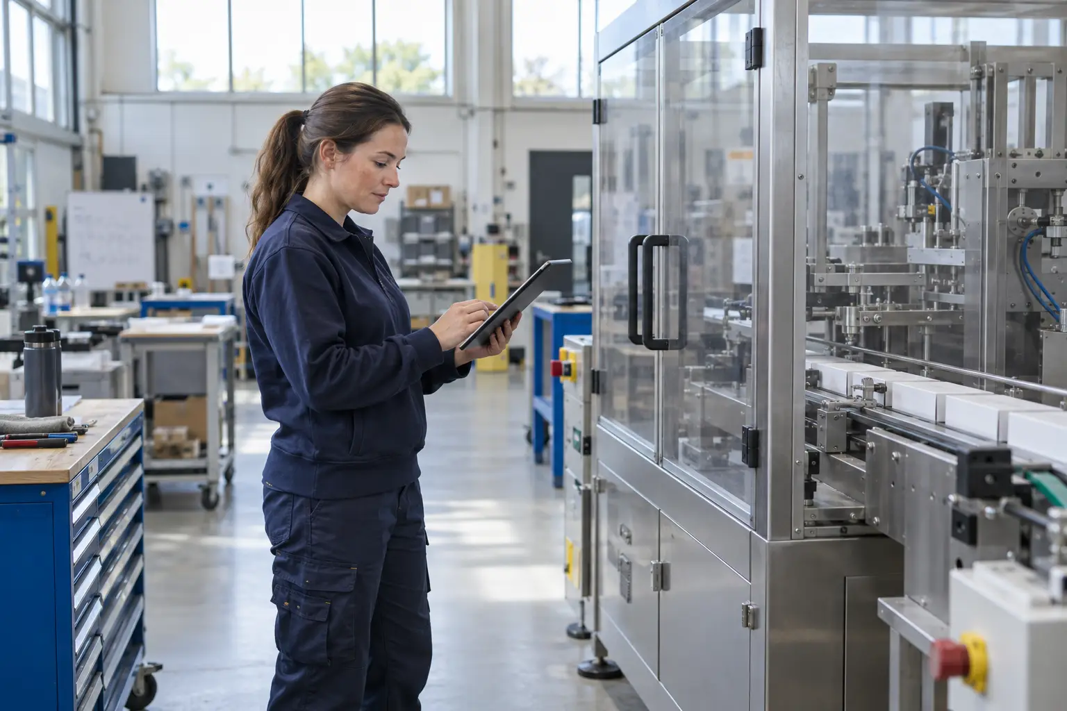 Illustrative scene: a technician consults a tablet beside enclosed workshop equipment.