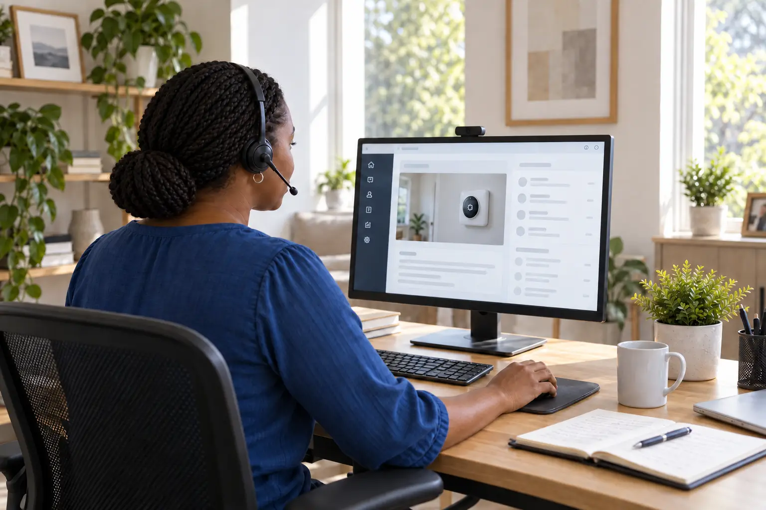 Illustrative scene: a specialist reviews a shared thermostat view at a bright support desk.