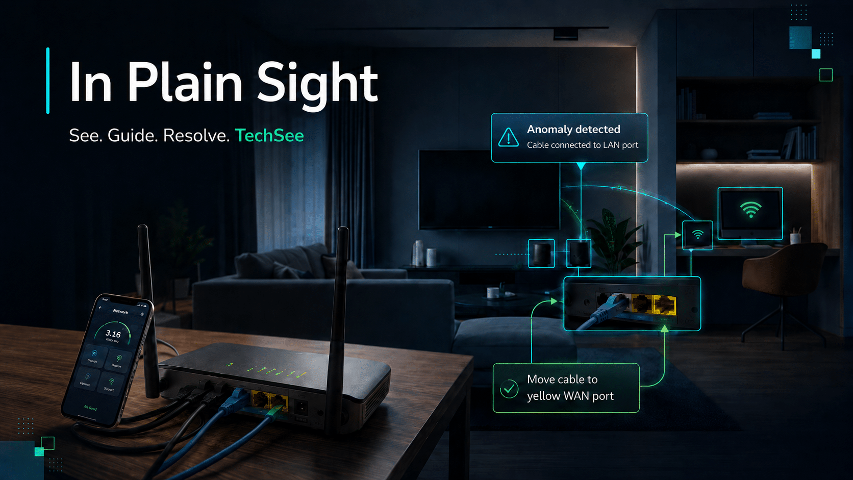 In Plain Sight. See. Guide. Resolve. TechSee. Visual intelligence reveals an anomaly in a connected home router setup and guides the cable to the yellow WAN port.
